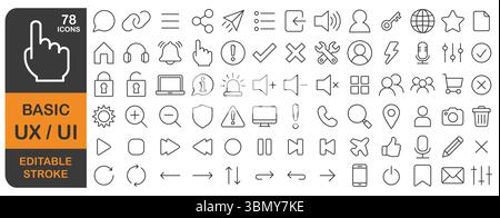 Basic UX UI editable stroke line icons set. Thin line User interface web icon, website, mobile app , linear icon collection. Vector illustration image Stock Vector