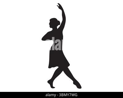 Black silhouette of dancing woman in elegant pose, isolated on white background, graphic illustration. concept of ballet, dance, graceful movement, ic Stock Vector
