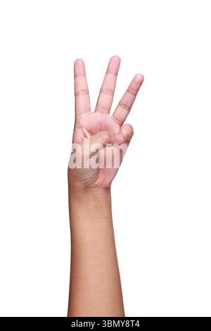 it is arm,hand and fingers showing number three isolated on white. Stock Photo