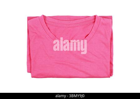 it is folding cotton pink T-shirt isolated on white. Stock Photo