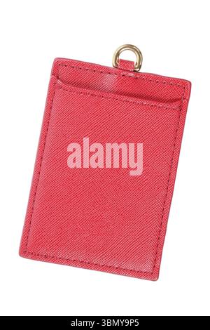 it is red leather label with credit card hole isolated on white. Stock Photo