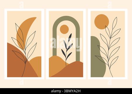 Minimal botanical composition with earthy tones and abstract shapes in boho style Stock Vector