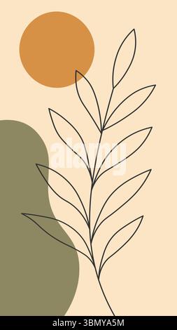Minimal line plant with orange sun and green shape on beige background. Perfect for modern boho interiors Stock Vector