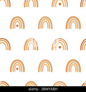 Playful orange rainbows with hearts and patterns on white background in seamless layout for kids and nursery projects Stock Vector