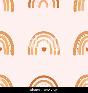 Soft pastel rainbows with hearts in hand drawn style on pink background Stock Vector