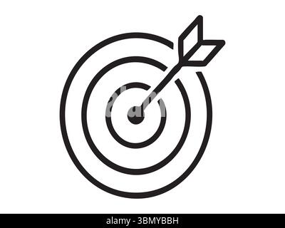 Black outline of archery target with arrow in center isolated on white background, graphic illustration. concept of accuracy, precision, goal setting, Stock Vector