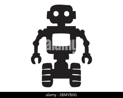 Black silhouette of robot toy with distinct features, isolated on white background, graphic illustration. concept of futuristic toy, sci-fi character, Stock Vector