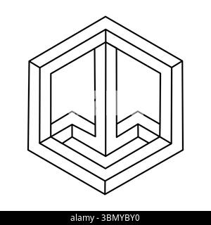 Geometric hexagon. Abstract design element. Science or construction concept. Black outline 3D vector object. Optical illusion figure. Impossible shape Stock Vector