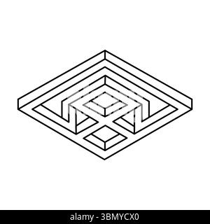 Geometric cube. Abstract design element. Black outline 3D vector object. Impossible shape. Sacred geometry. Optical illusion figure.  Stock Vector