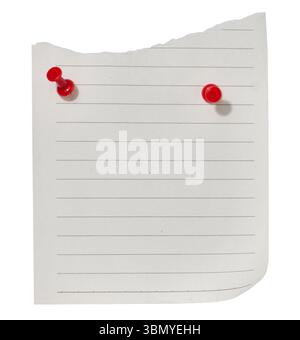 Sheet of white lined paper attached with a red pushpin with a ragged edge at the bottom, isolated background Stock Photo