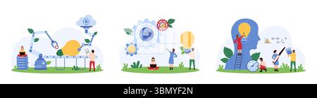 Innovation project development with AI set. Tiny people build light bulb with robots arm and factory conveyor, repair lamp inside brain of human head and connect with gear cartoon vector illustration Stock Vector