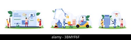 User manual, automation of delivery and data management using AI set. Tiny people, robots and drone team repair server, load boxes in warehouse, talk with chat bot cartoon vector illustration Stock Vector
