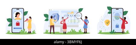Secure access to device, mobile app or account, biometric recognition set. Tiny people with lock on safety shield and shield protect privacy, online information on screen cartoon vector illustration Stock Vector