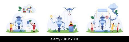 Machine learning, smart data integration of AI set. Tiny people and cloud mobile assistant build bot, control robot brain using voice commands, cyborg holding light bulb cartoon vector illustration Stock Vector