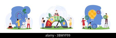 Soft skills of success business strategy, self management, critic thinking and communication problem solving set. Tiny people control settings and puzzle light bulb cartoon vector illustration Stock Vector