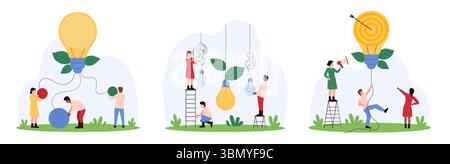 Creative, easy solution set. Tiny people untangle wires of hanging light bulbs to understand way and solve complex unclear problem, holding purpose lamp with target cartoon vector illustration Stock Vector