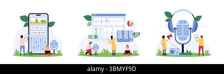 Audio settings management, music player mobile app set. Tiny people record and listen music with headphones and microphone, manage graphic equalizer sliders and buttons cartoon vector illustration Stock Vector