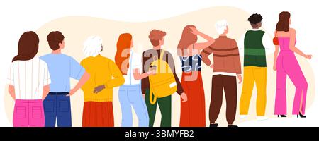 Group of diverse young adults standing in a queue from behind, waiting in line for event, service, or entrance, modern casual clothing, teamwork concept, isolated on white background vector illustration Stock Vector
