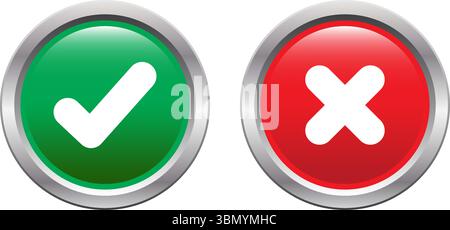 3D Green Checkmark and Red Cross Icon vector set for UI, App Feedback or Consent Interface isolated on transparent white background, clipping paths Stock Vector