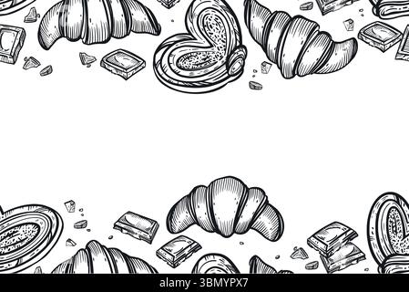 Seamless pastry-themed border, fresh sweet buns, croissants, chocolate wedges. All objects are hand-drawn in vector. The illustration is suitable for Stock Vector