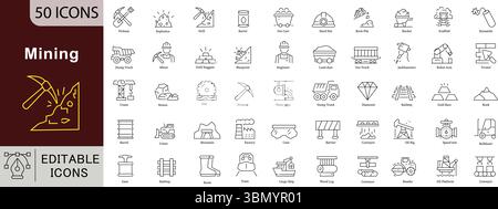 Mining Line Icons Set - 50 Editable Vector Symbols for Industrial Equipment Construction Resource Design Projects Stock Vector