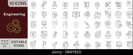 Engineering Line Icons Set - 50 Editable Vector Symbols for Technical Innovation Development Design Projects Stock Vector