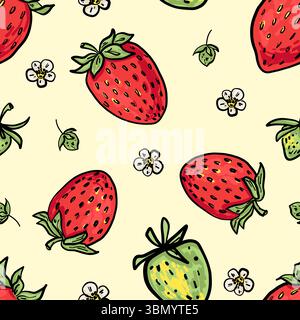 Repeating hand-drawn pattern featuring ripe red strawberries, unripe green berries, and delicate white strawberry flowers on a light cream background Stock Vector