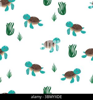 Seamless pattern with turtles and seaweed Stock Vector