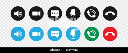 Communication Icons Set – Voice, Video, Chat, and Call Buttons for Messaging Apps Stock Vector
