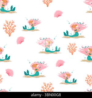 Seamless pattern with pink haired mermaids and shells Stock Vector