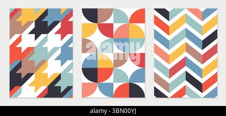 Abstract pattern poster designs with houndstooth, zigzag, chevron. Retro posters for kids room decor, living room, playroom. Stock Vector