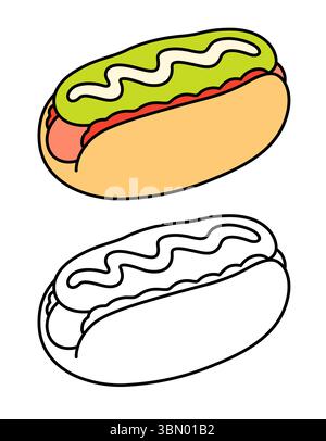 Completo Italiano, traditional Chilean hot dog with tomato, avocado and mayo. Cartoon vector icon. Color illustration and black and white line art for Stock Vector