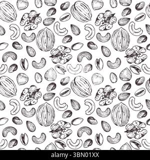 Seamless vector pattern. Nuts, walnuts, hazelnuts, cashews, almonds, and pistachios, all objects are hand-drawn in vector. For printing on fabric Stock Vector