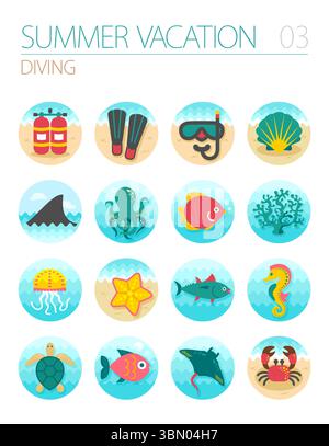 Diving vector icon set. Summer time. Vacation, eps 10 Stock Vector