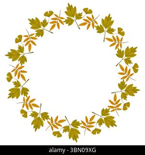 Vector isolated round frame of yellow dry autumn leaves. Border for text. Flat clipart for design Stock Vector