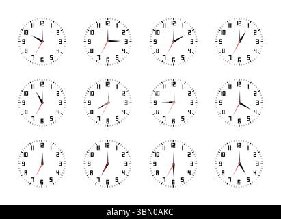 Analog Clock Faces Set - Twelve Timepieces with Hour & Minute Hands Stock Vector