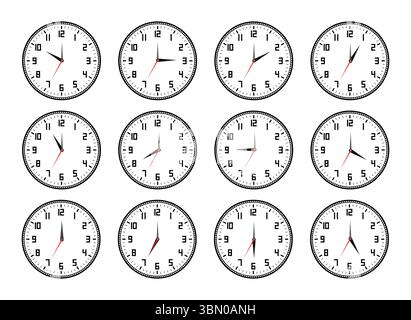 Analog Clock Faces Set - Grey Timepieces with Red Second Hand Stock Vector