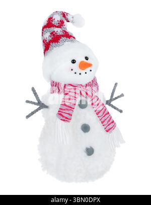 Adorable plush snowman wearing a red knit hat and striped scarf. Christmas decoration figure on white background. Ideal for holiday designs, greeting Stock Photo
