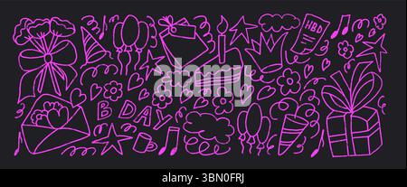 Happy birthday coquette party neon marker drawn set. Celebration Bday doodle strokes sings on dark background. Gift, confetti and cakes with balloons Stock Vector