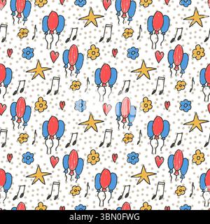 Birthday kid party colorful crayon seamless pattern. Festive doodle stars and balloons endless background. Hand drawn music note childish continuous c Stock Vector