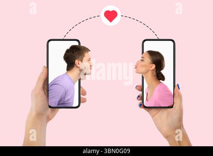 Young couple kissing using smartphones, creative collage Stock Photo