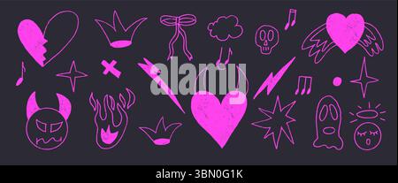Neon breaking heart line doodles set. Devil and angels purple pink crayon drawn shapes. Scribble grunge love girly elements. Hearts, bows, crown and s Stock Vector