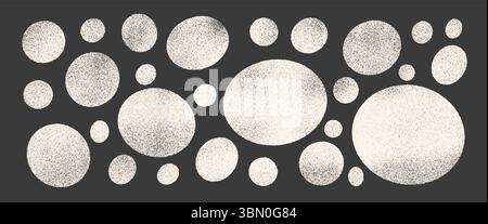 Gritty graffiti spray circles and ovals set. Polka dots chalk or aerosol paint shapes pack. Vector creamy white hand drawn round and ellipse figures i Stock Vector