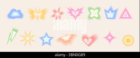Blur gradient geometric shapes set. Y2k retro heart, star and circle with flower. Colorful pastel gradation butterfly, crown on beige background. Tren Stock Vector