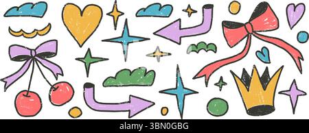 Graphic shapes crayon hand drawn set. Naive multi colors doodle stickers figures on white background. Crown, cherry, heart and geometric forms sketch Stock Vector