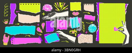 Set of torn school papers with hands and flowers. Tear sheet punk pieces pack. Note stickers with punk doodles. Empty blanks for memo. Scrapbooking co Stock Vector