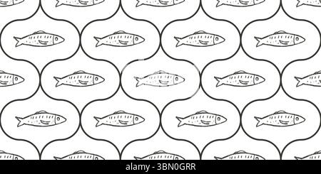 Crayon fish ogee seamless pattern. Sardines hand drawn endless background. Nautical damask repeat cover. Sea continuous ornament. Surface pattern mono Stock Vector