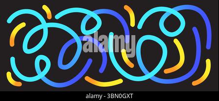 Blue and yellow wavy lines. A collection of soft, abstract long shapes. Gradient squiggles and spirals. Rainbow-colored curved elements on a black bac Stock Vector