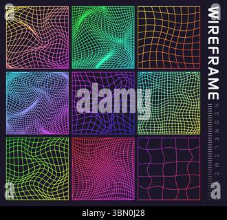 Colorful wireframe shapes, lined perspective mesh, 3d grid. Low poly geometric elements. Retro futuristic design elements, y2k, vaporwave and Stock Vector