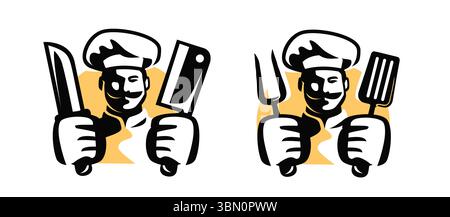 Chef with knives for cutting meat. Cook in hat and fork, spatula. Emblem for grill restaurant or barbecue menu Stock Vector